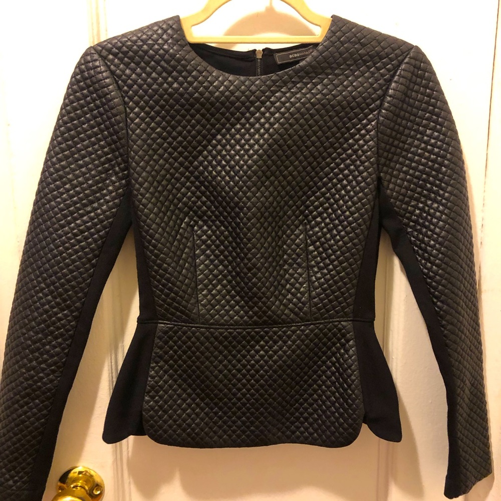 BCBG Faux Leather Peplum Top